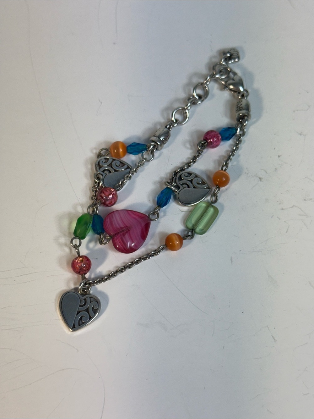 Brighton Two-Strand Multicolor Heart Charm Bracelet with Pink Heart Bead